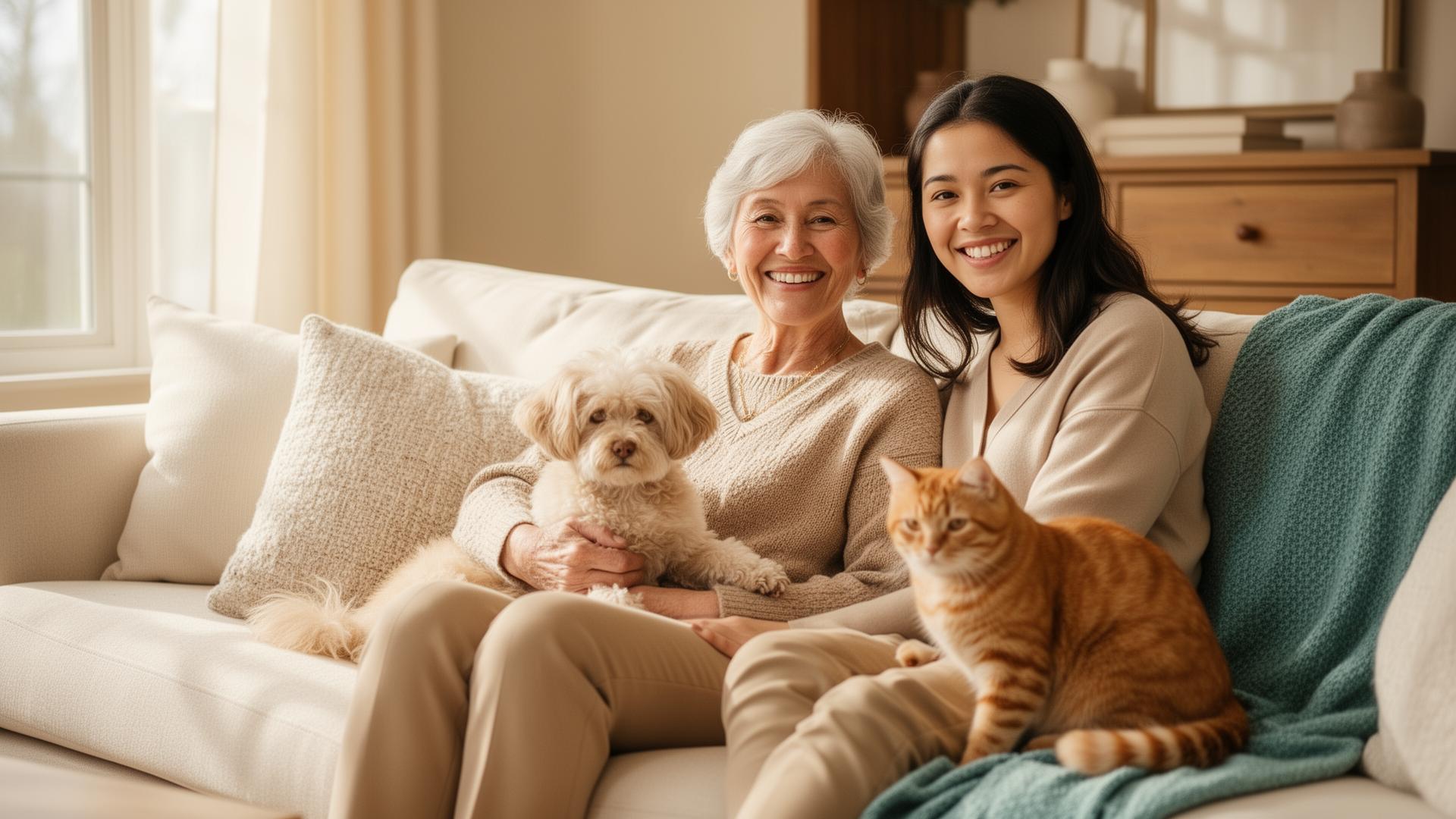 A senior woman and a younger caregiver smiling together at home with their dog and cat